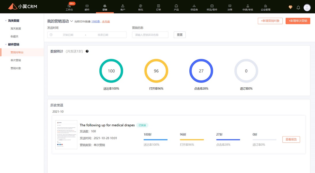 小翼 CRM 邮件 EDM 营销统计报表